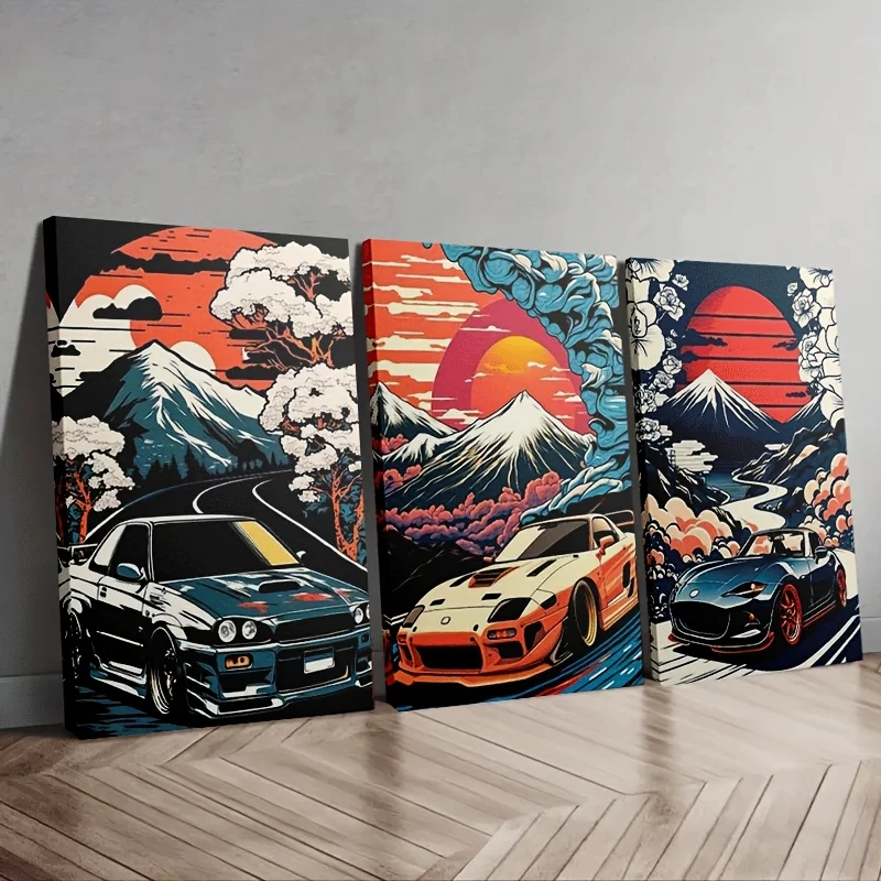 Sunset Road Trip Canvas Wall Art Set of 3 Panels,Wooden Framed Canvas Painting, Japanese Car Culture Decor for Home or Garage