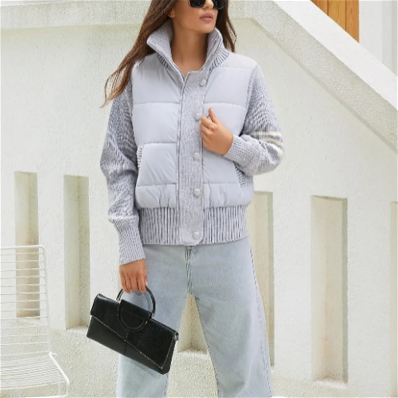 

Осенняя мода 2025 г., минималистичная утягивающая теплая вязаная лоскутная женская куртка