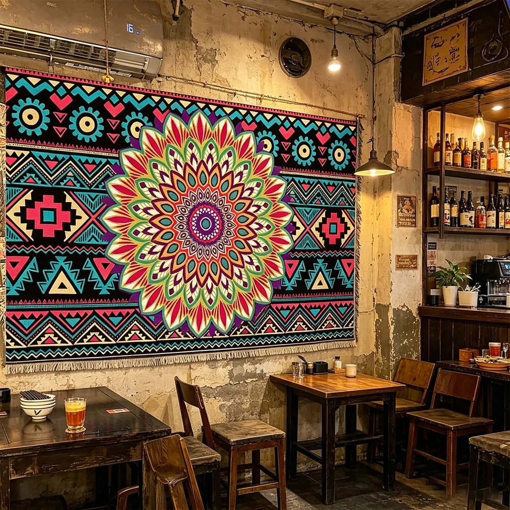 Bohemian Mandala Floral Wall Tapestry, Retro Ethnic Aztec Geometric Print Wall Hanging, Psychedelic Hippie Style Art Tapestry fo
