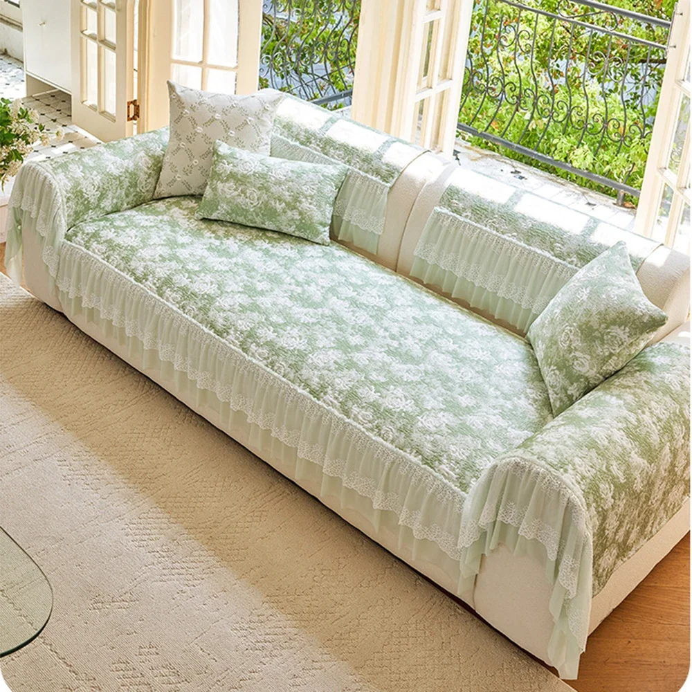 Summer Ice Silk Skin-Resistant Sofa Cover Towel Lace Skirt Hem Cool Sofa Seat Covers Breathable Knitted Sofa Cushion Cover