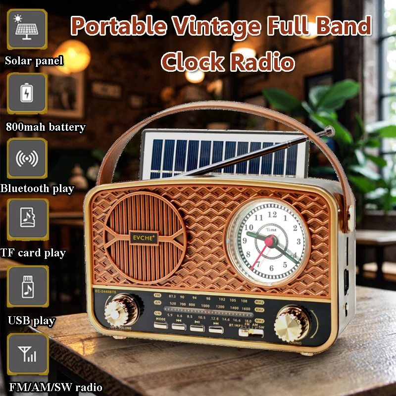 Radio clásica portátil Vintage, reloj con puntero Retro, Radios FM AM SW, Radio de emergencia Solar, altavoz Bletooth, reproductor de música USB TF