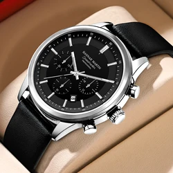 2024 New Mens Black Watch Fashionable Multi functional Timing Dial Original Quartz Movement Simulated Clock Silver Casual Watch