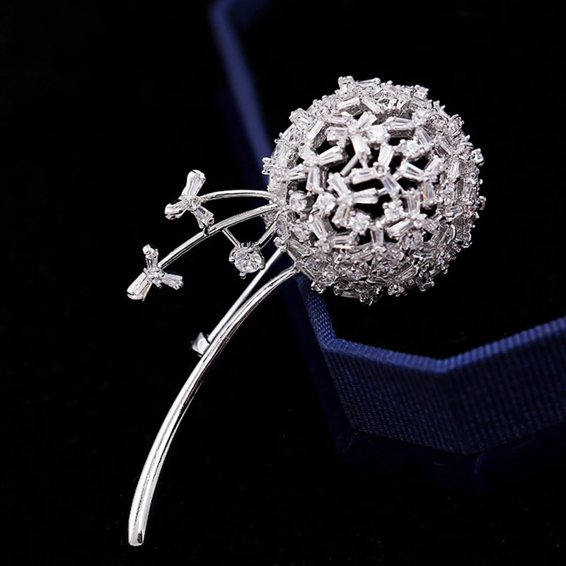 A67I Beautiful Dandelion Shape Brooches Copper Cubic Zircon Jewelry Pins for Women Girls Clothes Scarf Hat Accessories Gifts