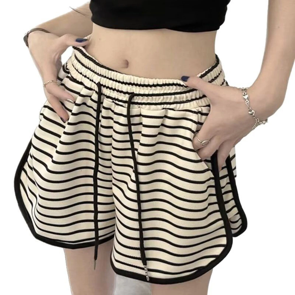 Elastic High Waist Striped Shorts for Women Polyester Breathable Sportswear One Size Fits 35 60kg Suitable for Gym and Home