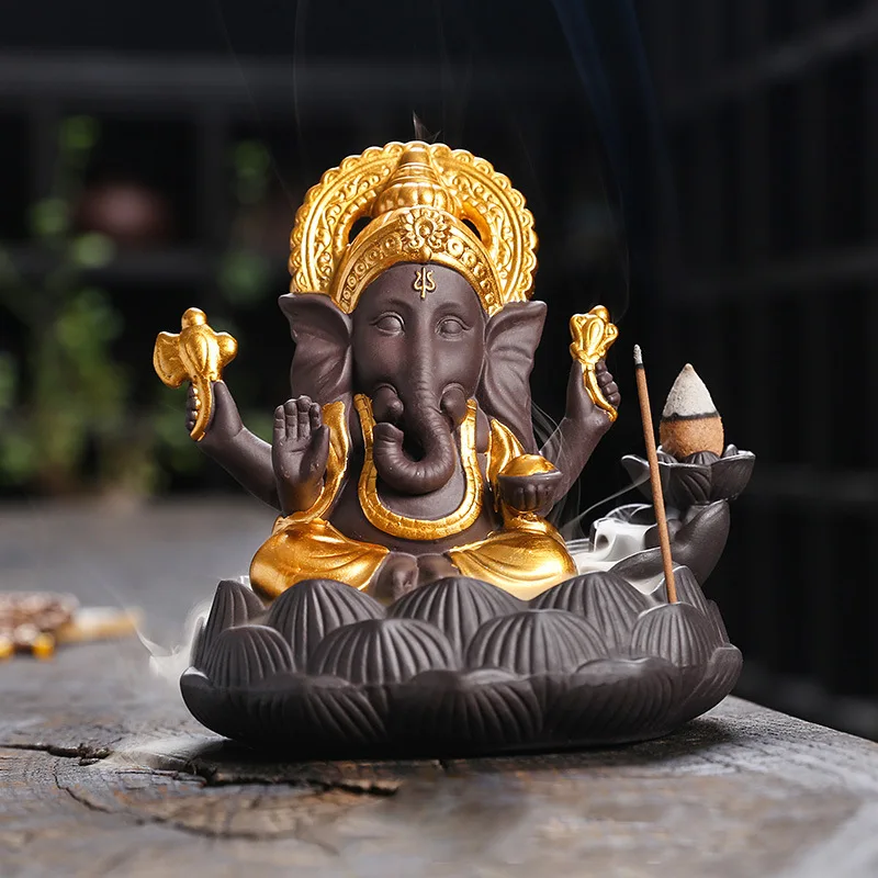 Zen Ornament India Elephant God Buddha Purple Clay Backflow Incense Stick Holder Home Decor Censer