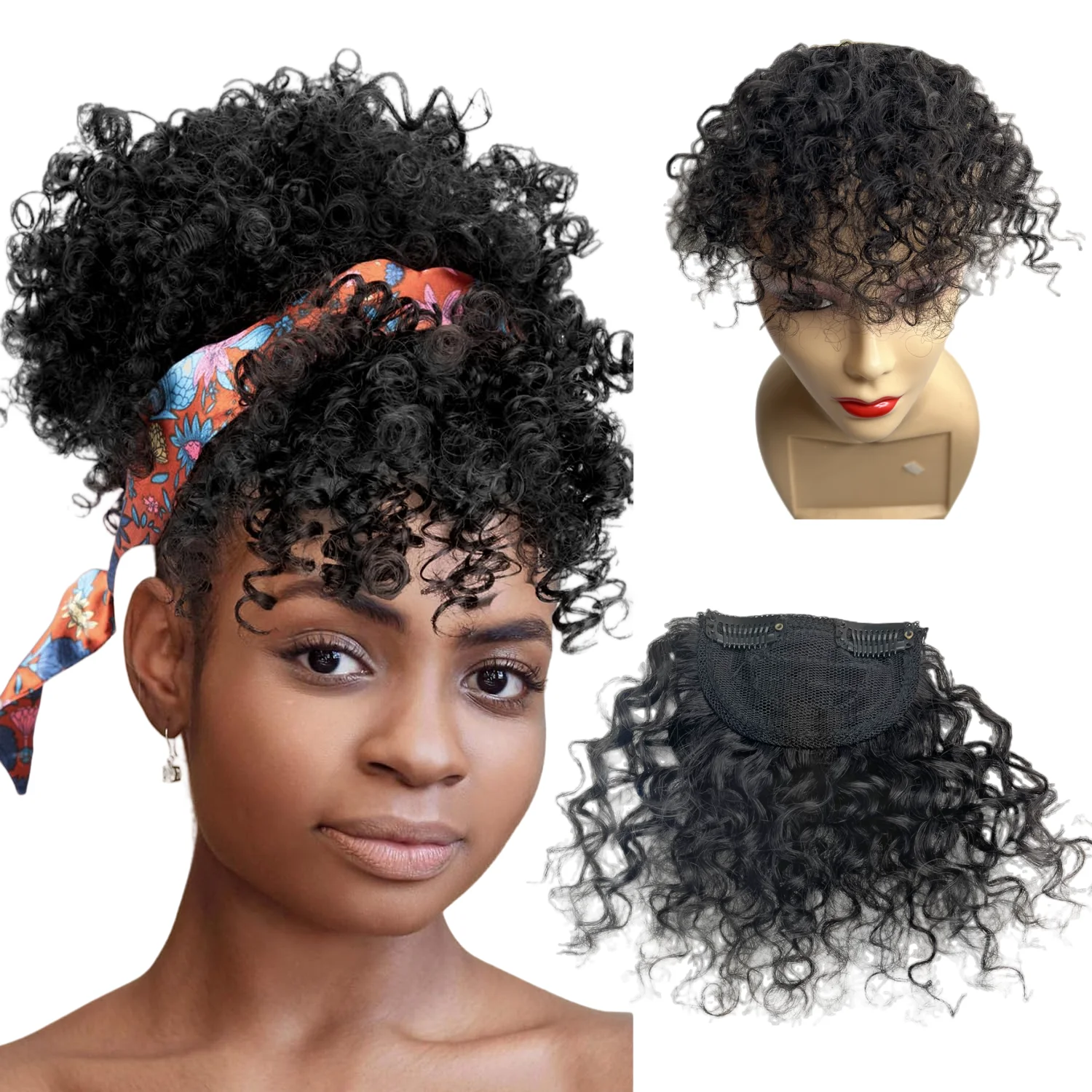 100% 本物の人毛カーリーバングス黒人女性用ショートアフロキンキーカーリーバングスクリップインバングス（1B、シングルバングス）日常使用