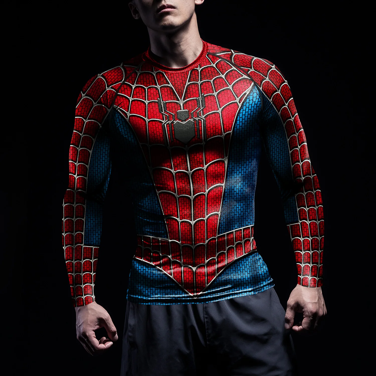 NADANBAO Rash Guards Compression Shirts Men Cosplay Superhero Spider Pattern Printed Workout Long Sleeve Tops Fitness Sportwear