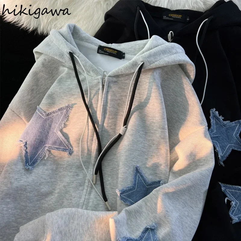 Streetwear Hoodies Women Stars Print Fashion Oversized Outwear Harajuku Casual Hooded Zipper Sweatshirt Jacket Korean Y2k Tops