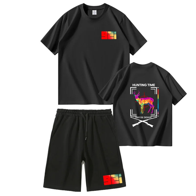 Men's Summer Short Sleeve Shorts Set, T-Shirt Shorts 2-piece set, Hunting Graphic Print Crew Neck T-Shirt, High Quality Clothing