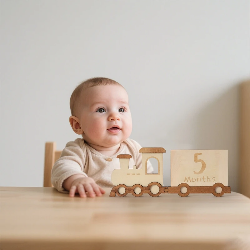 Tarjetas de hito mensuales de madera para bebé, tren de doble cara, número, mes, accesorios de fotografía recién nacido, regalo para bebé