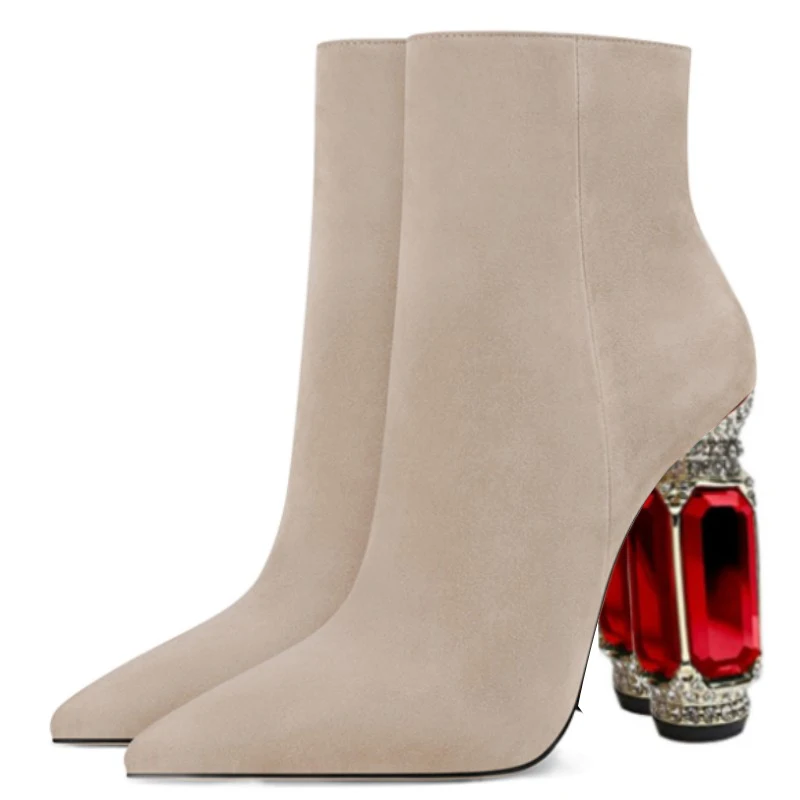 

DIZHUANG Fashionable women's high-heeled boots. Beige (white) suede short boots. About 10.5cm heel height. Crystal shoe heel.