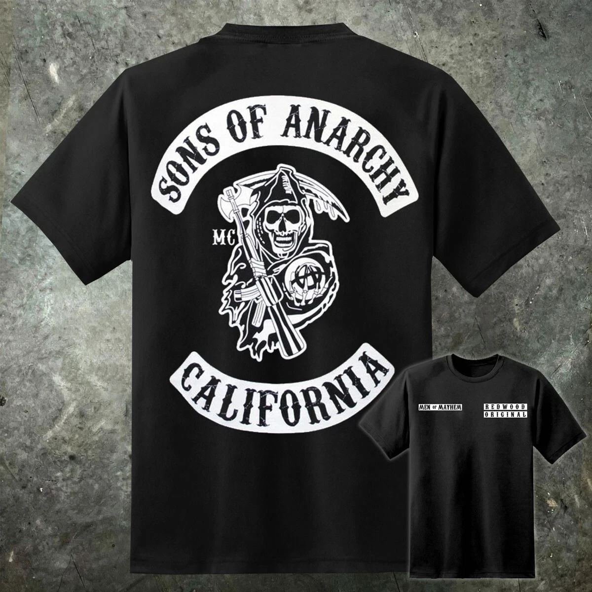 

Sons Anarchy CUSTOM CHARTER Reaper Patch T Shirt SAMCRO Redwood Original Jax