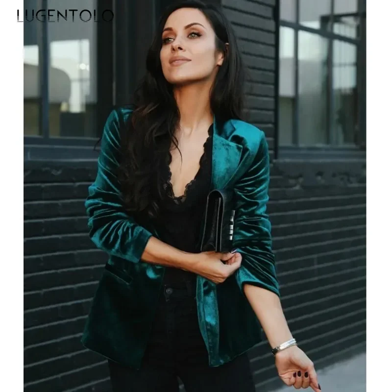 Women Casual Blazer Fall 2024 New Solid Color Velvet Cardigan Jacket Fashion V-Neck Slim Fit Tops Elegant Office Party Wear