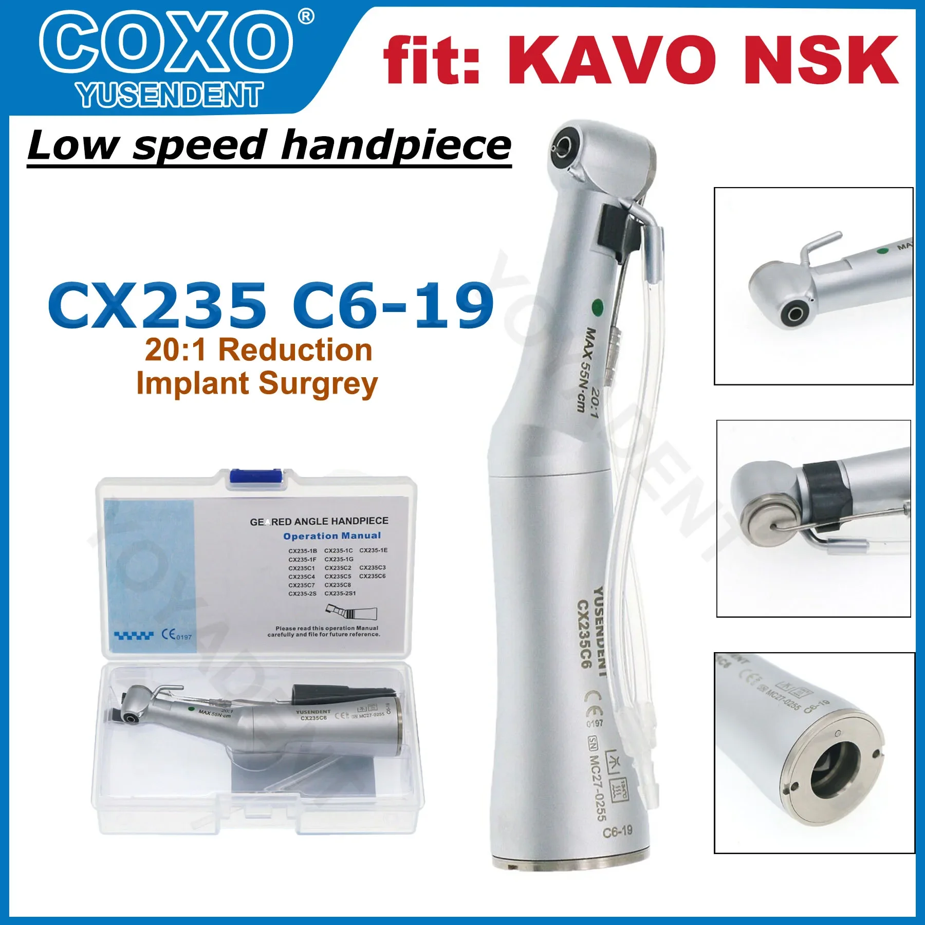 COXO Dental Low Speed Handpiece 20:1 Reduction Implant Surgery Handpiece Low Speed Contra Angle Handpiece E Type Fit KAVO NSK