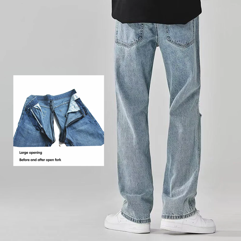 Invisible ouvert entrejambe sexe en plein air mâle jean pantalon nouvel été déchiré jean cylindre droit bébé bleu exoticisme décontracté Denim