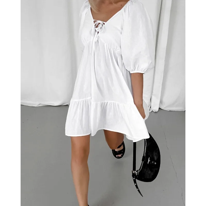 2024 Summer New Women's Cotton Linen Fashion V-neck Puff Sleeve Loose Dress Youthful Woman Clothes Women Casual Lace Up Dresses