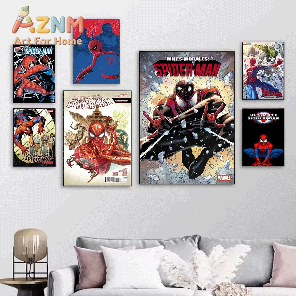 Marvel Spider Verse Multi Spider Heroes Group Fire Background Comic Canvas Wall Art Unframed Canvas Poster Print for Boys Bedr