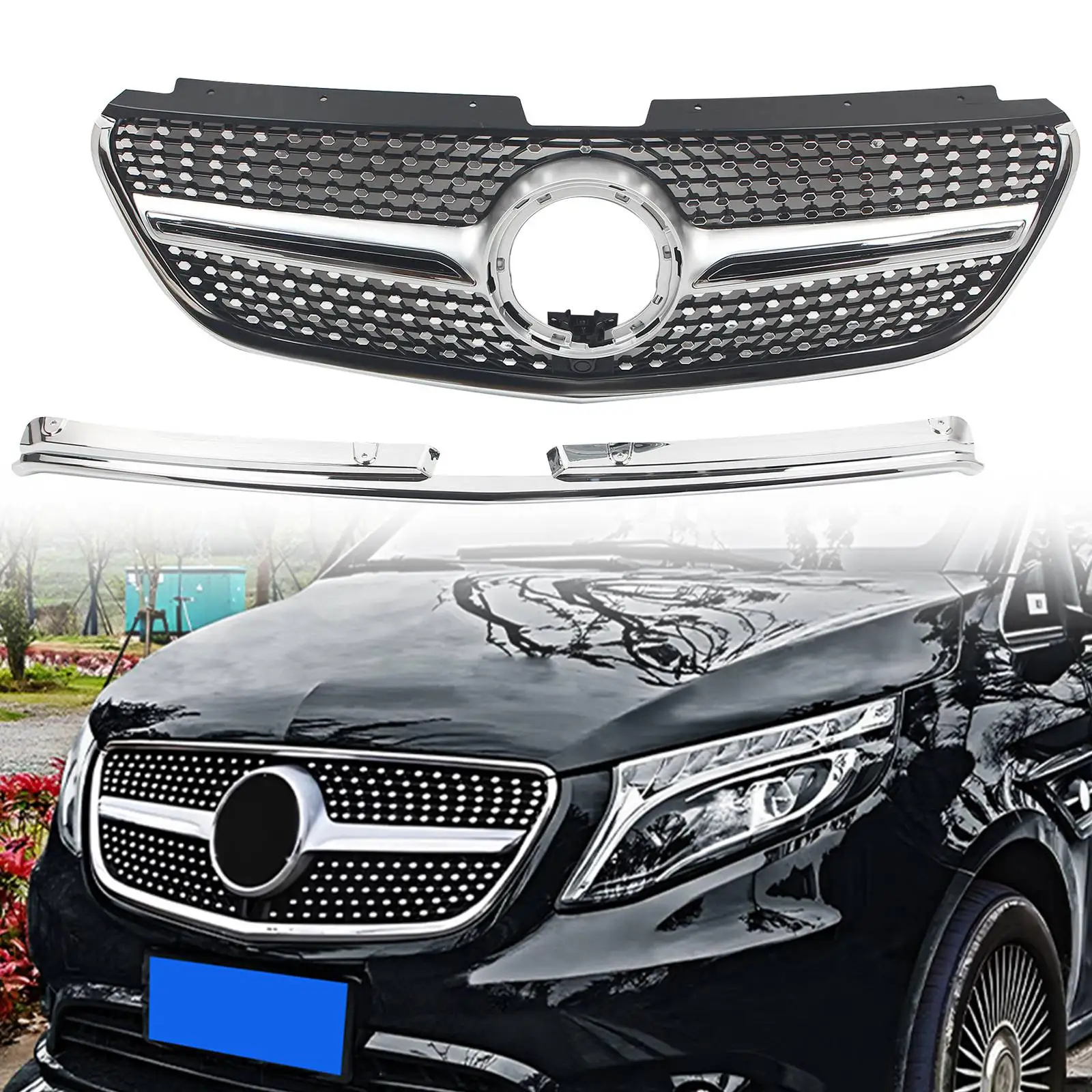 Car Front Bumper Grille Radiator Grills Gypsophila Style Diamond Style For Mercedes-Benz W447 Vito/Metris 2021 2022 2023