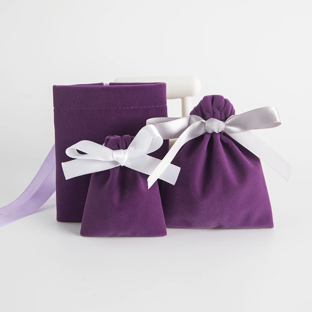 

10Pcs Purple Velvet Jewelry Drawstring Pouches Elegant Ribbon Decor Small Gift Bags for Necklaces Bracelets Earrings & Ornaments