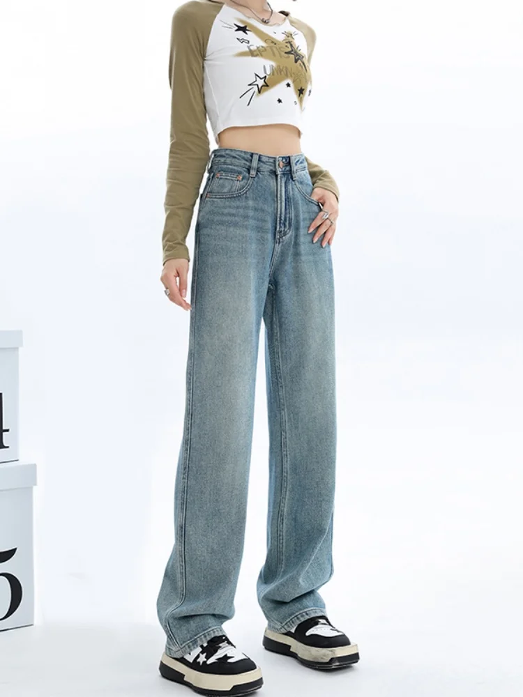 Plus Size Damen FCE-gefütterte, dünne Jeans mit weitem Bein, hohe Taille, gerade geschnittene Hose, Freizeitkleidung, Herbst und Winter, Faion