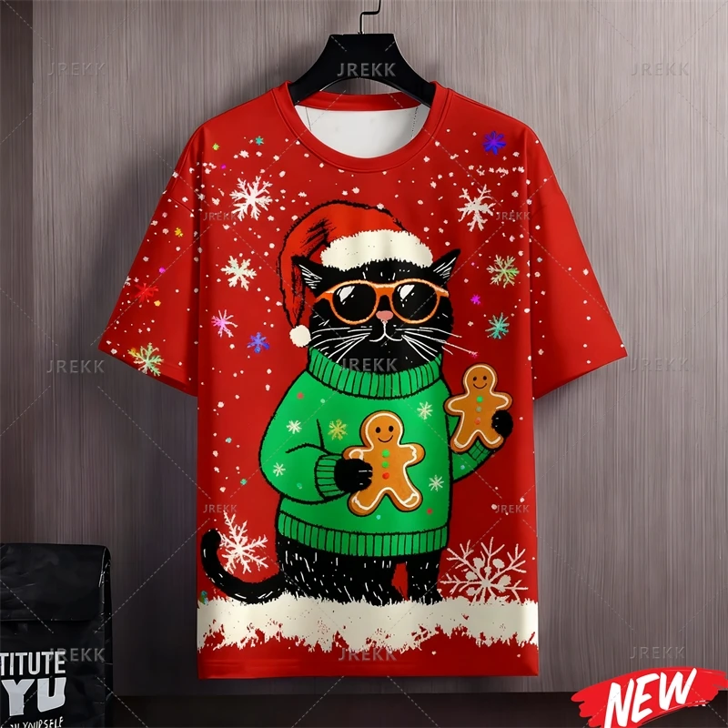 

Мультяшная футболка с Рождеством для мужчин, красная милая футболка с 3d принтом, черные кошки, футболка с круглым вырезом и коротким рукавом, женские свободные футболки
