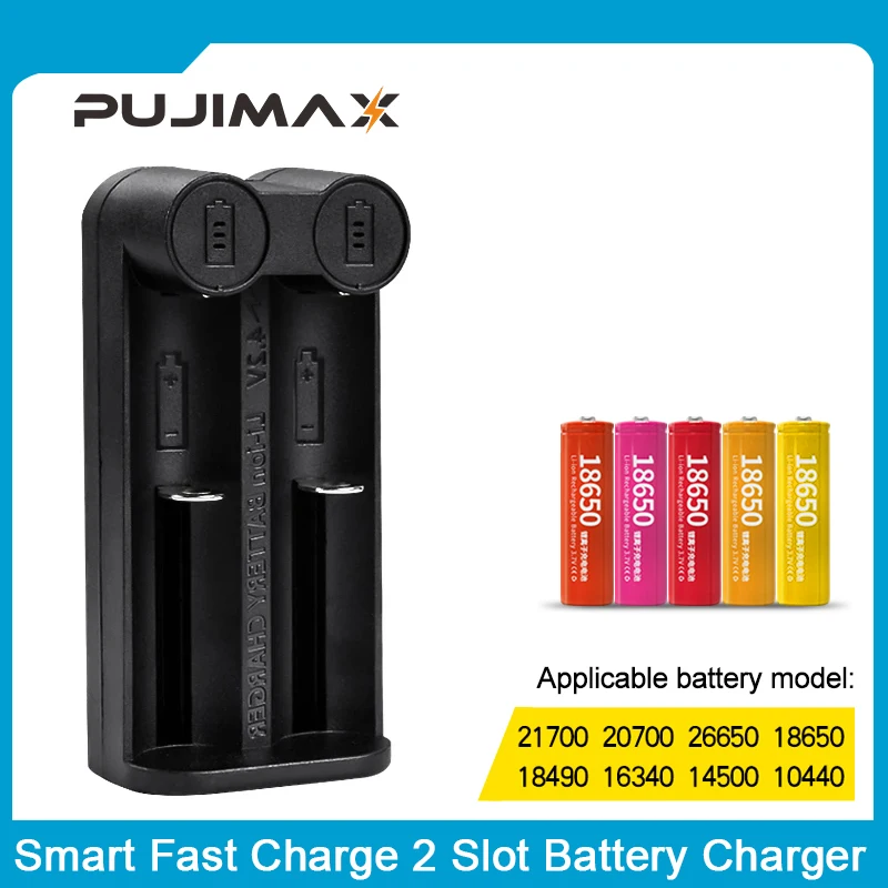 PUJIMAX 18650 battery charger Smart charging 2 slot 3.7V 26650 18350 32650 21700 26500 Rechargeable Battery charger