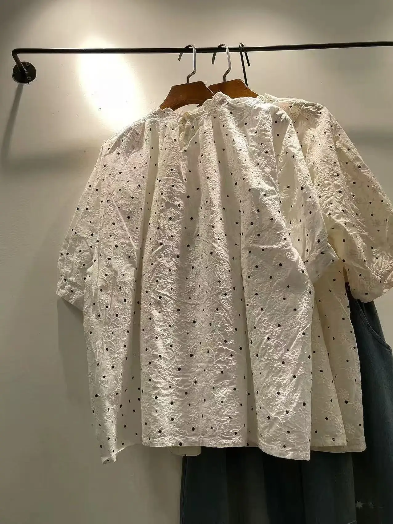 Bust 124cm pure cotton white beige polka dot shirts and blouses for women summer elegant stand collar short sleeve tops