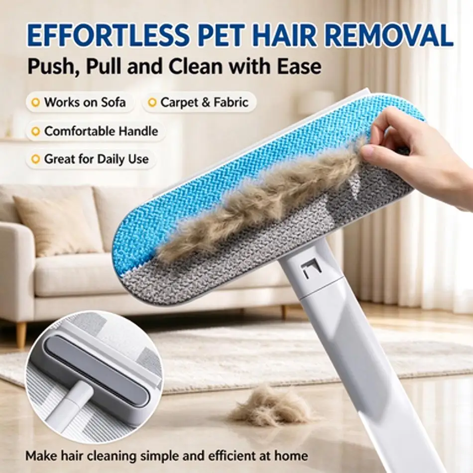 Long Handle Pet Hair Brush Glove Static Cat Fur Remover Hair Cleaner for Carpet Cat Tree & Cat Bed, Great for Cat Furniture