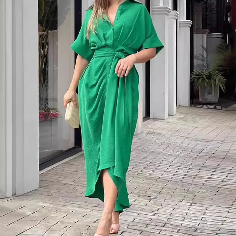 

High Waisted Lady Shirt Dress for Women Clothing Summer Classic Casual Slim Short Sleeve Women Dress Female Solid Long Skirt