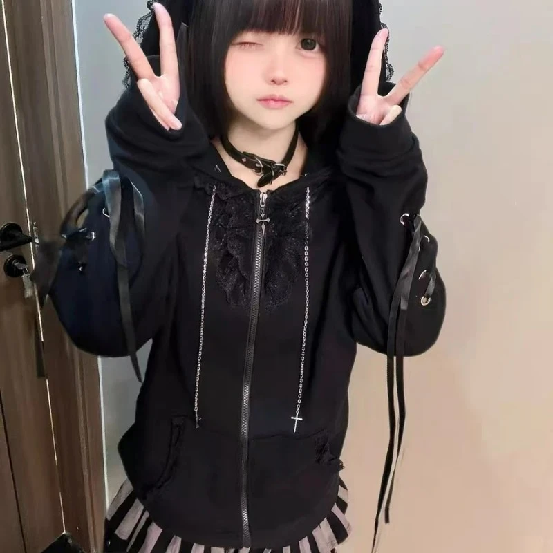 Kawaii آذان القط مقنعين هوديس غير رسمية النساء Y2k الجمالية الجرونج عادية ضمادة سستة البلوز اليابانية معطف الموضة الإناث