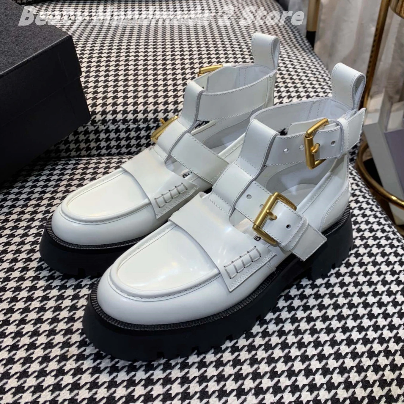 Luxury Brand Platform Hollow Chunky Heels Woman Loafers Handmade Leather Round Toes Woman Shoes Belt Buckle T Tied Zapatos Mujer