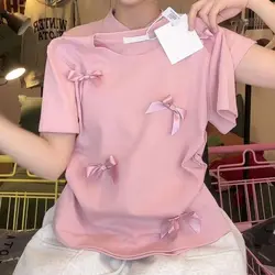 Fashion Ballet Bowknot T Shirts Short Sleeve Round Collar Women Top Solid Color Japanese Style Ribbon Crop Tank Top Women Girl