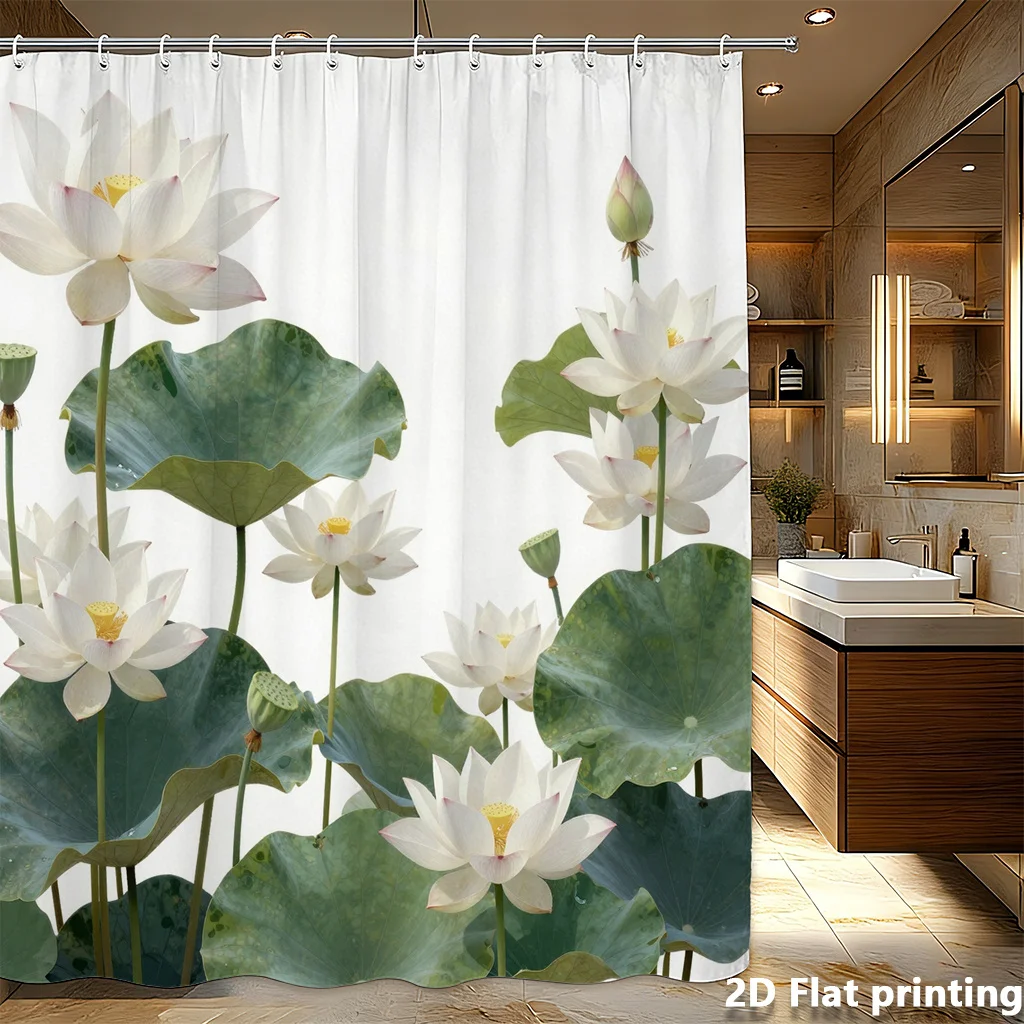 ホワイトロータス＆グリーンリーフシャワーカーテン-–-植物イラスト、ポリエステル、グロメットトップ、71x71インチ、静かなバスルーム装飾