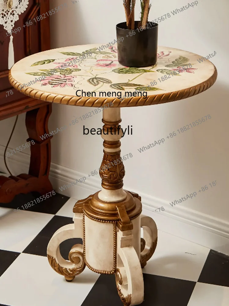 โต๊ะน้ำชาทรงกลมสไตล์วินเทจแบบอเมริกัน โต๊ะกาแฟทรงกลมลายลูกไม้สไตล์คันทรี โต๊ะกาแฟขนาดเล็กหรูหรา