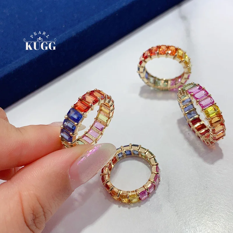 

Кольца KUGG из 100% 18-каратного желтого золота, роскошное кольцо с радужным дизайном и натуральным сапфиром, обручальное кольцо для женщин, ювелирные изделия с драгоценными камнями
