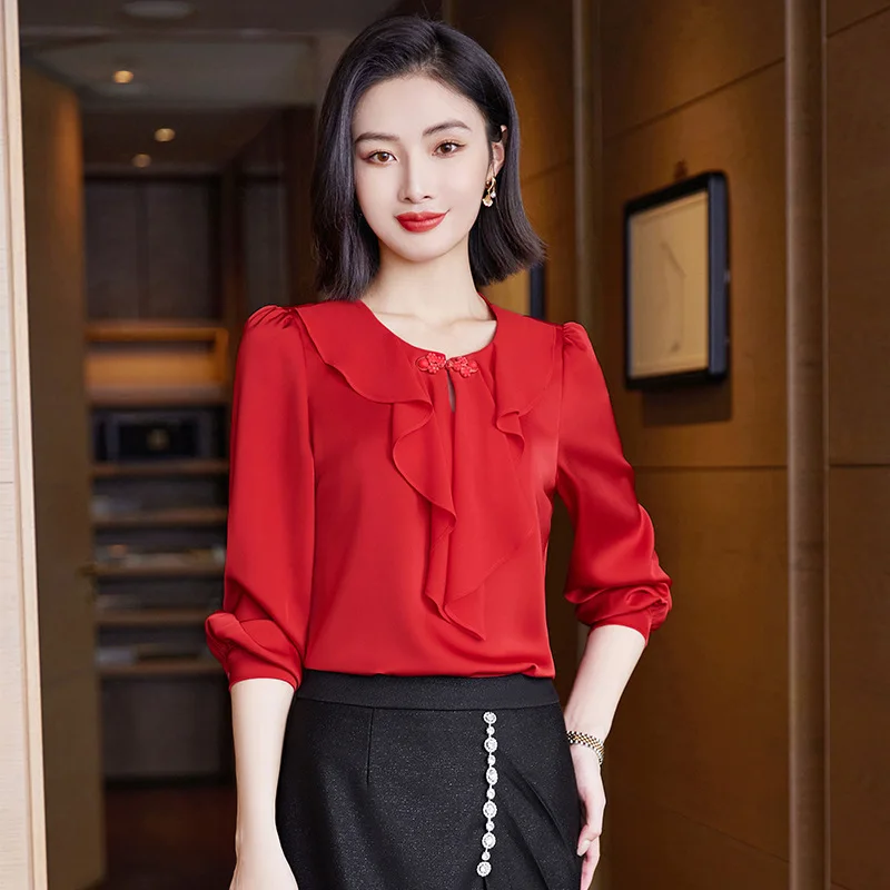 Long Sleeve Blouses Shirts Elegant Red Formal OL Styles Women Business Office Work Wear Career Professional Tops Clothes