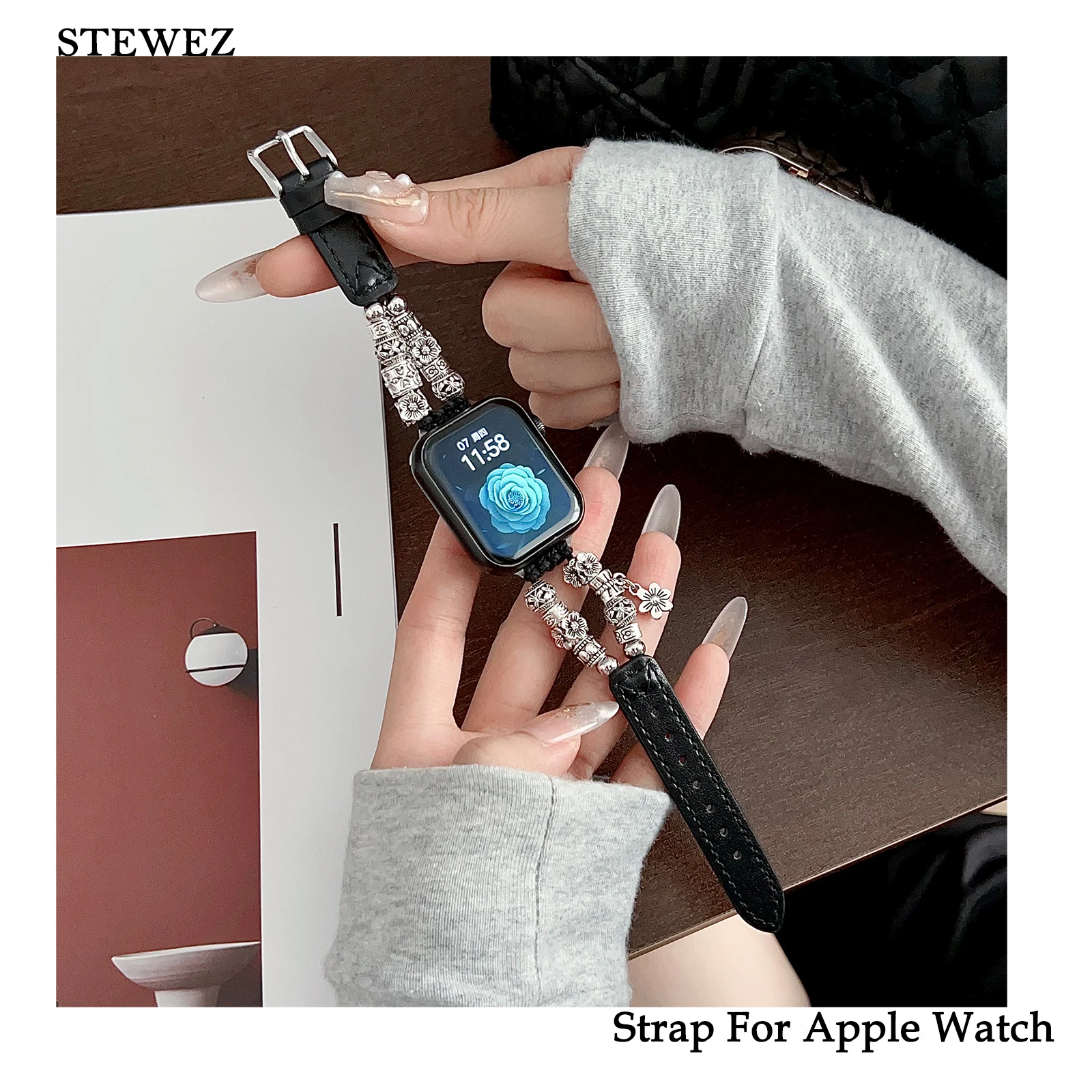 

Metal Strap for Apple Watch Band Tibetan Silver Flower Bracelet with Iwatch987654SE Ultra40 41 44 45mm Women Sweet Leather Wrist