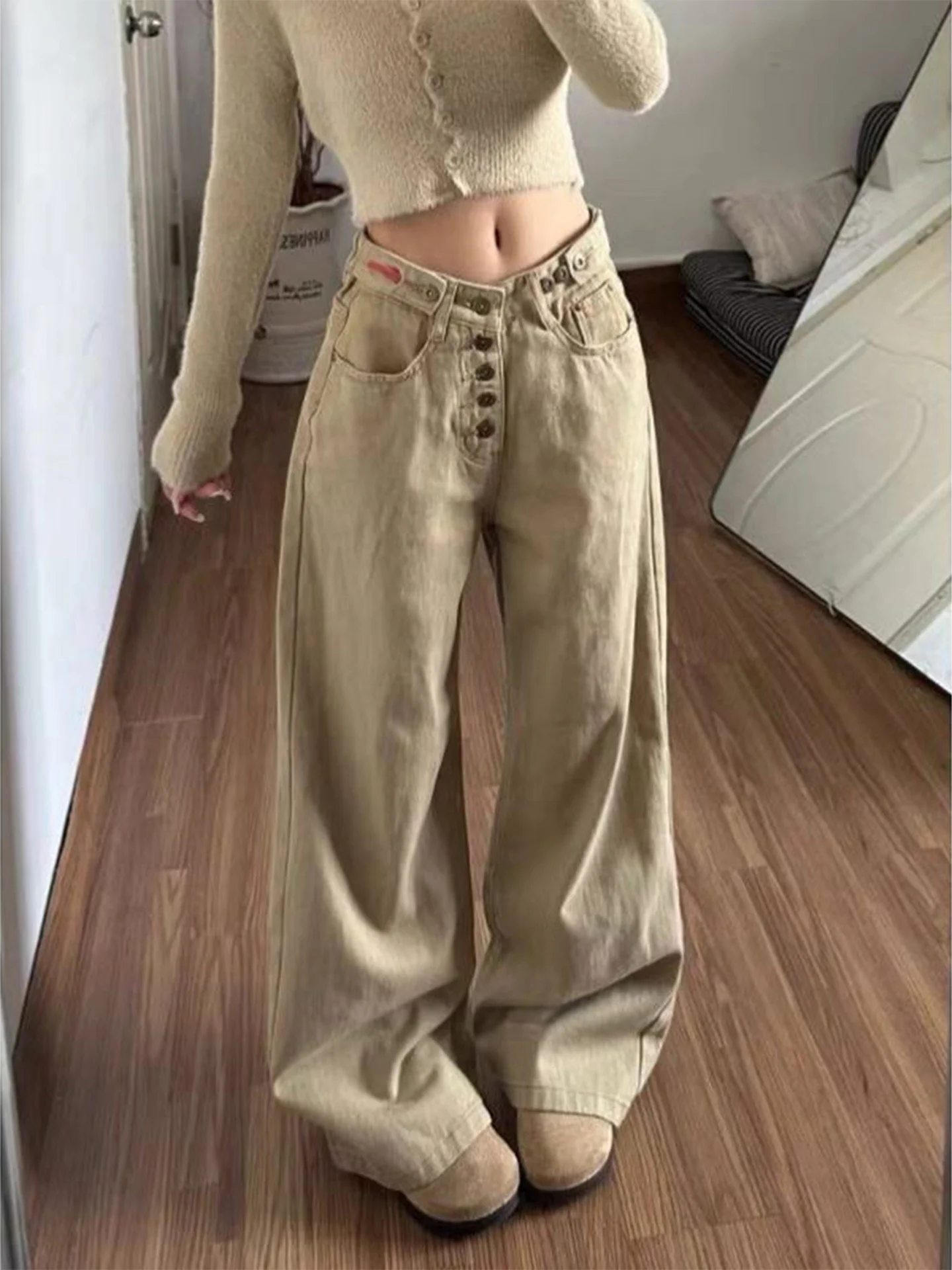 American Retro Khaki Wide Leg Denim Jeans Women's Autumn High Street Design Workwear Straight Leg Trousers Neutral Style High...