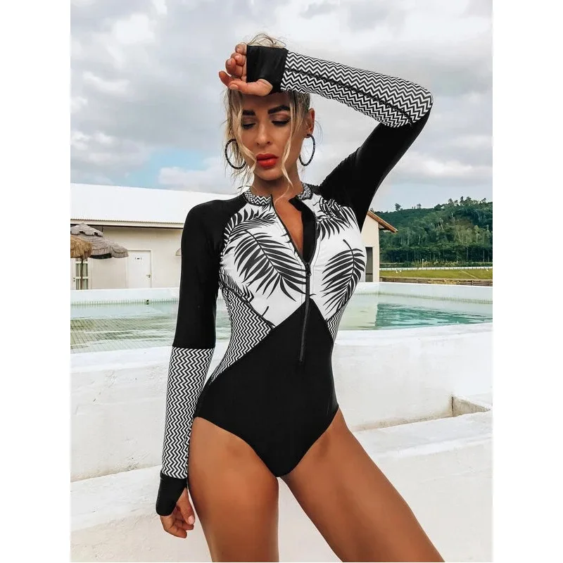 

2025 summer new print conservative meat cover thin long sleeve front zipper women's crew neck surf suit swimsuit