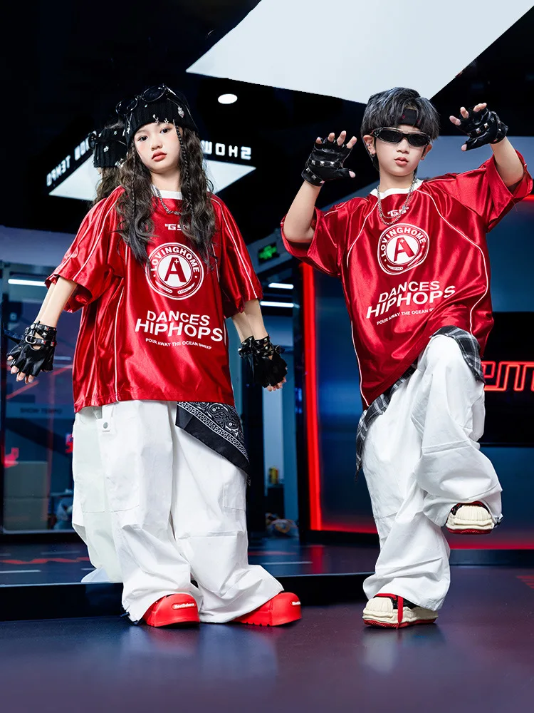 Street Dance Kinder Leistung Anzug Jungen Hip Hop T-Shirt Kurzarm Kostüm Mädchen Sommer Bühne Laufsteg Kleidung