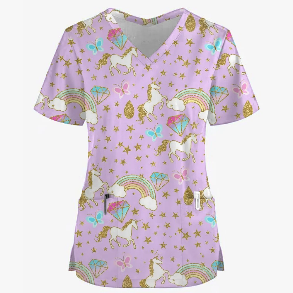 Klinische Uniform Frau Niedlicher Tier-Cartoon-Druck Mode V-Ausschnitt Chirurgische Uniformen Kurzarm Patch Pocket Top Medizinische Kleidung