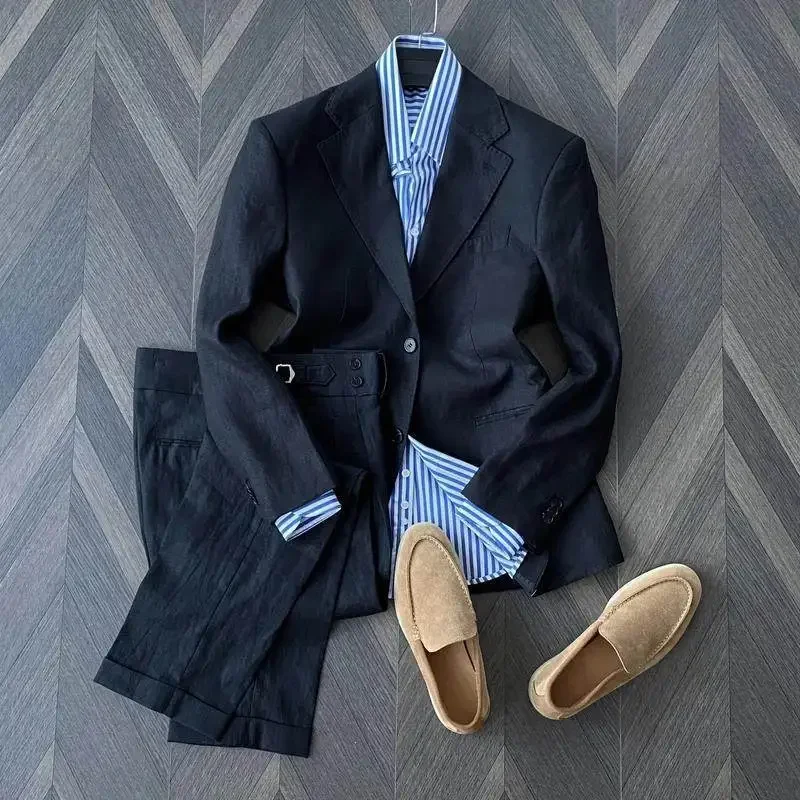 Japanese 100% linen flat-neck suit men's unstructured two-button casual suit