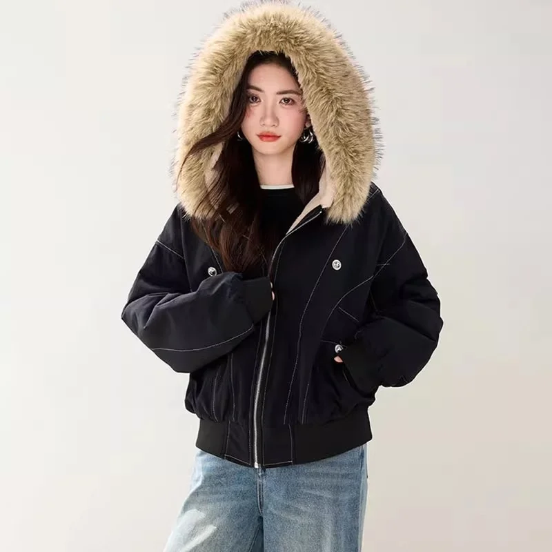 

Women's Winter Thickened Cotton Jacket With Hood, Fleece Lining And Fur Collar Short Style Warm Parka Coat Outerwear w1680