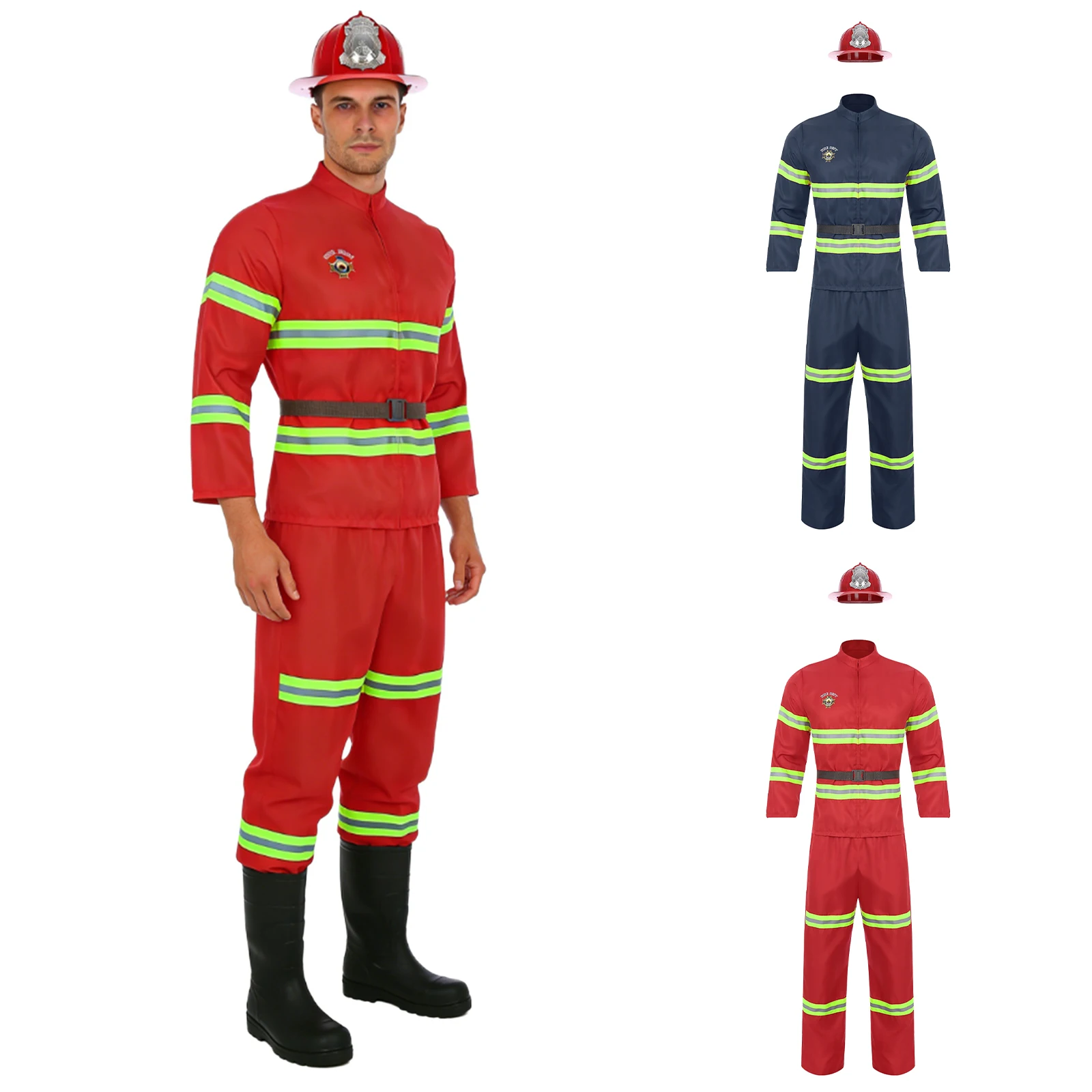 Mens Fireman Halloween Cosplay Costume Firefighter Fire Captain Uniform Firefighting Jacket Coat Pants And Belt Plastic Helmet