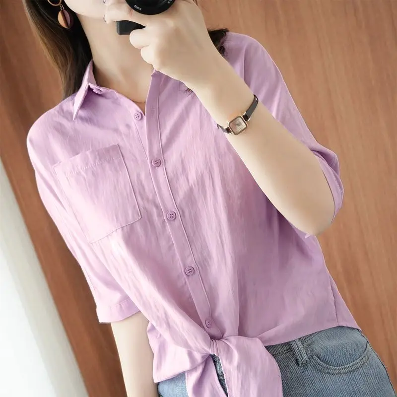 Frühling und Herbst Frauen Pullover Revers Einreiher Taschen knopf Dreiviertel Bandage Chiffon Shirt Mode Casual Tops