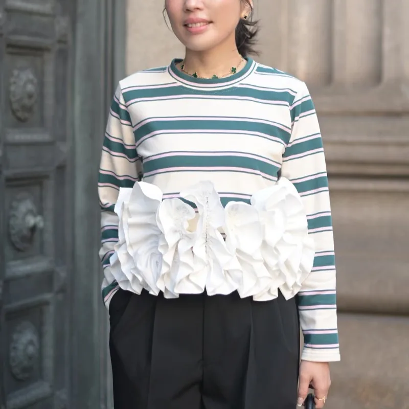 

Новая весенняя полосатая футболка 2026 года, женская, винтажная, универсальная, повседневная, свободного кроя, с лоскутным дизайном, объемными 3D цветами, в стиле Y2K