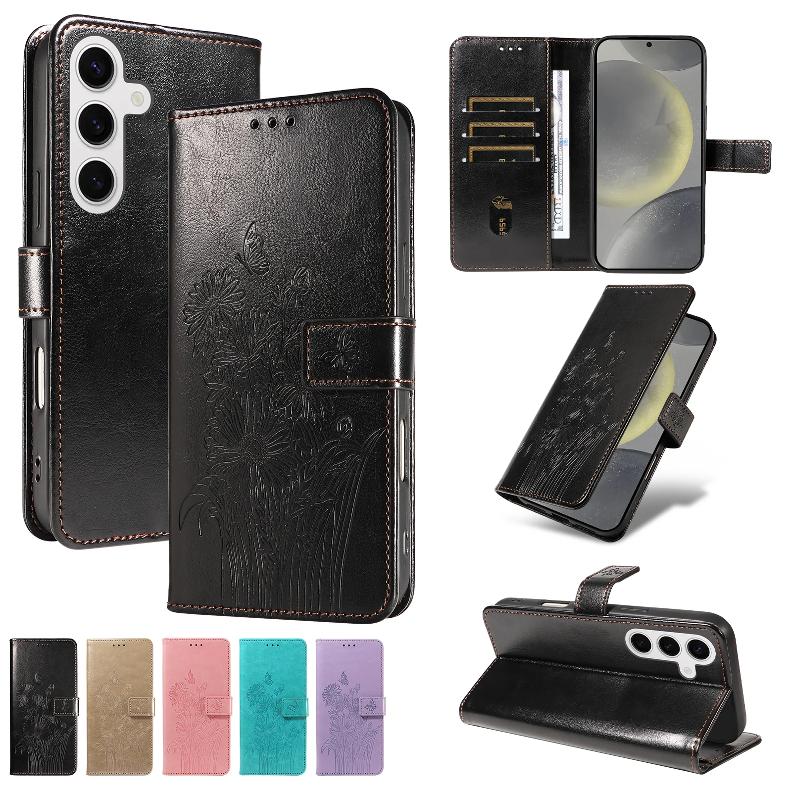 Geprägte Flip-Kartenfach-Schutzhülle für Samsung S26/S25/S24/S23/S22/S21/S20Fe Kunstleder Brieftaschen-Handyhülle – Detail 3