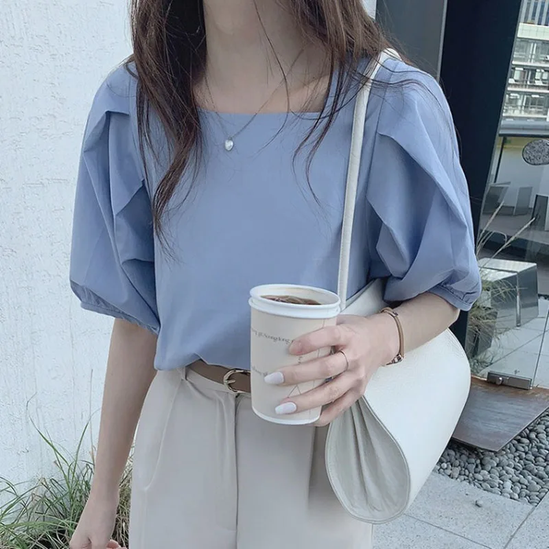 

Летняя женская свободная футболка с коротким рукавом, модный однотонный топ с квадратным вырезом и рукавами-фонариками