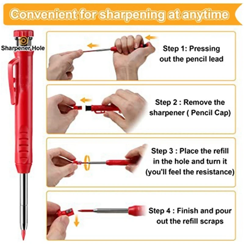 리필 포함 목공 연필 세트, 2.8mm 내장 샤프너, 목공 도구, 깊은 구멍 건설 연필, 4 팩