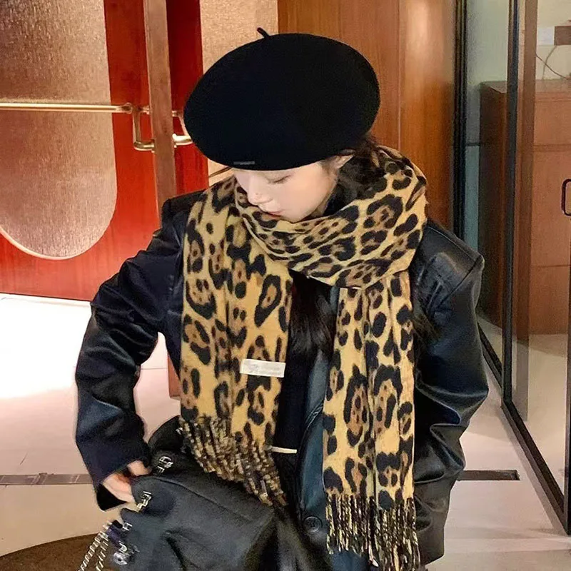 Retro Millennium Leopard-Print Fringed Scarf Woman Autumn And Winter Thickened Warm Shawl Sweet Cool Spice Girl Style Scarf